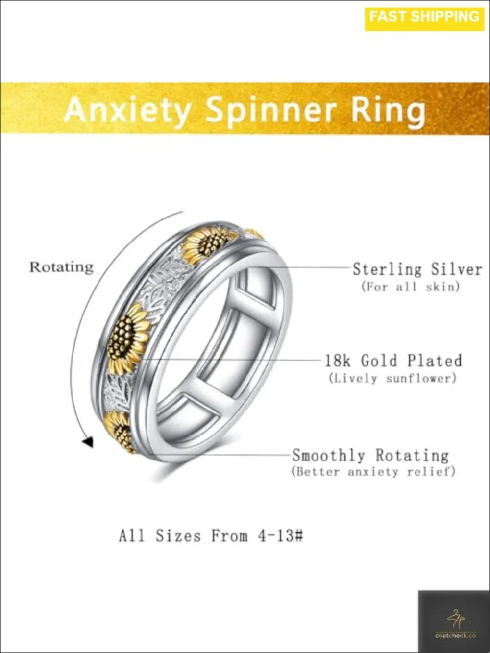 Sterling Silver Anxiety Spinner Ring Sunflower Stress Relief Fidget